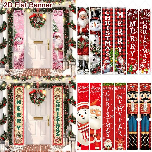 VIKAMA Weihnachts-Türbanner mit Weihnachtsmann und Schneemann, bunte Winter-Dekoration für Veranda und Innenbereich, hängendes Dekoschild - Bild 1