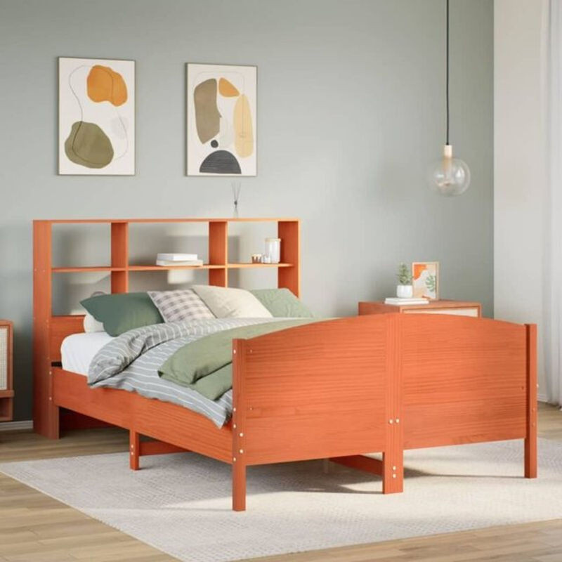Massivholzbett aus Kiefer mit Regal in Braun von Vidaxl, B/T/H: 150 x 200 cm - Bild 1