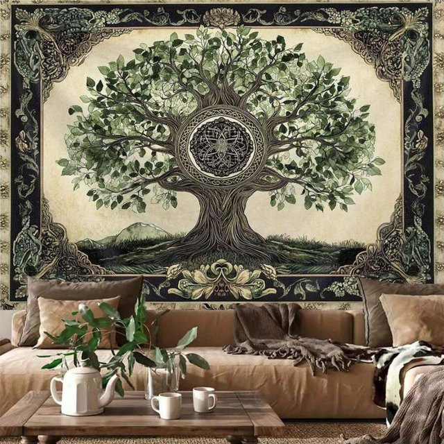 VIKAMA Vintage Life Tree Wandteppich in Multicolour mit Boho-Design und floraler Illustration für deine Heimdekoration - Bild 1