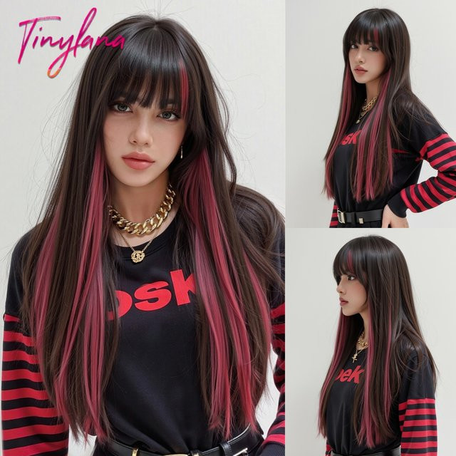 TINY LANA Perücke, schwarz, lang, gerade, rosa Highlights, Pony, Damen - Bild 1