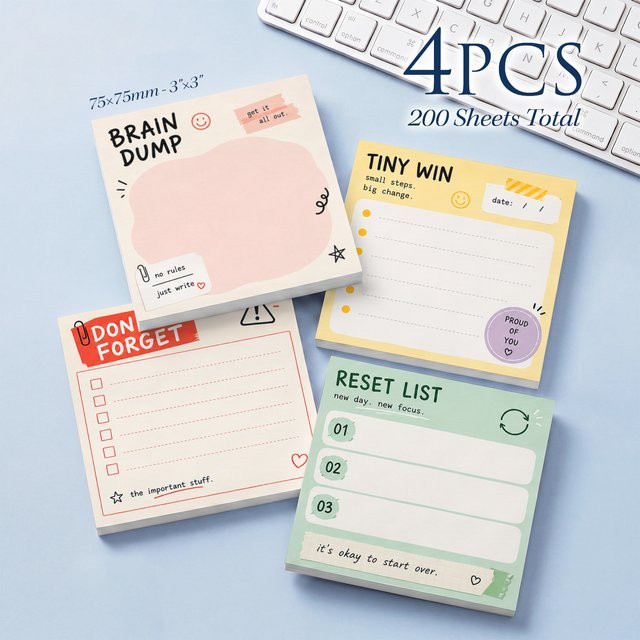 4 Stück Motivations-Haftnotizen mit Brain Dump, Tiny Win und Reset-Listen, Selbstklebend, B/B: 7,5 x 7,5 cm, insgesamt 200 Blatt - Bild 1