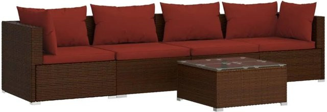 vidaXL 5-tlg Garten-Lounge-Set aus Poly Rattan in Braun mit Kissen und Couchtisch für Terrasse und Garten - Bild 1