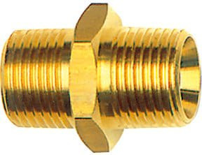 Riegler Doppelgewindenippel konisch aus Messing in Gold, R 1/4 a. und R 3/8 a., SW 17 - Bild 1