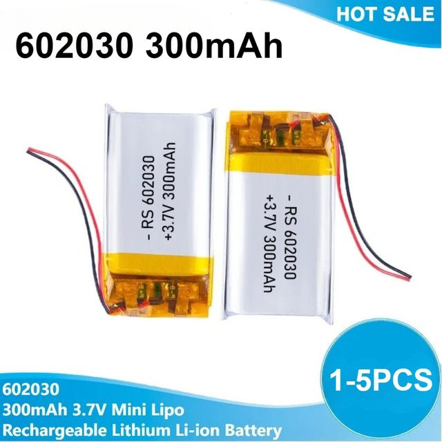 GJUELIRRA Lithium-Polymer-Akku 602030, 3,7 V, 300 mAh, Farbe: Silber, ideal für Bluetooth-Headsets, Lautsprecher und Monitore - Bild 1