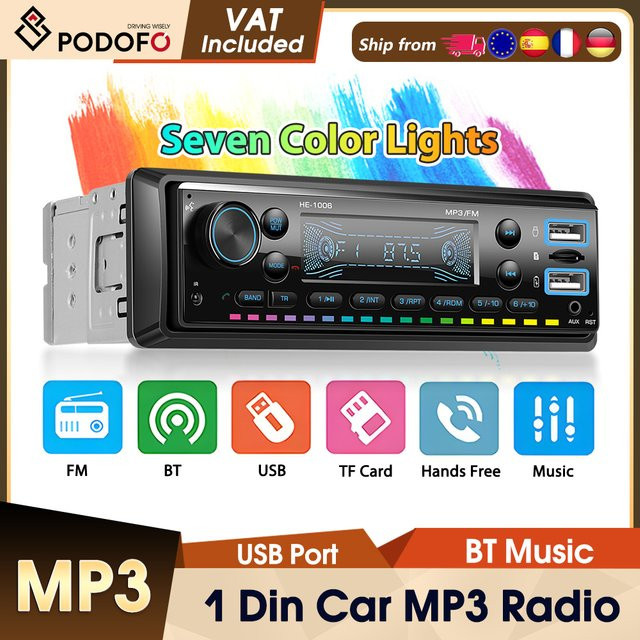 Podofo 1 Din Universal Auto MP3 Autoradio mit Bluetooth, AUX-IN, USB und FM Radio in Schwarz - Bild 1