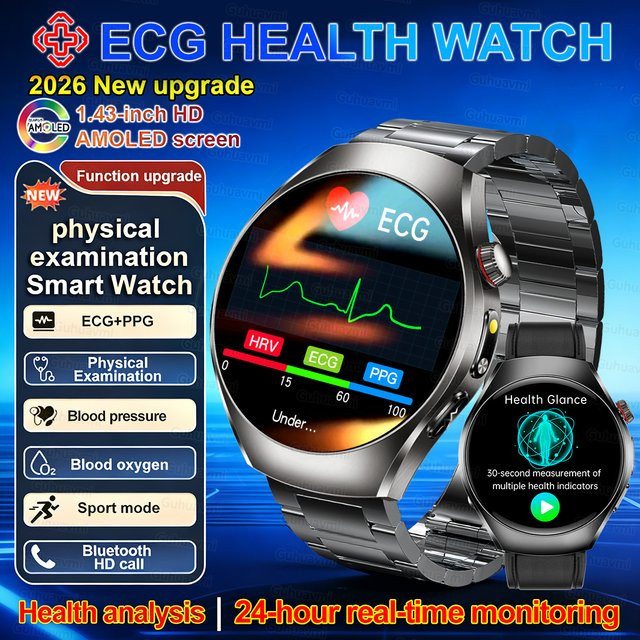 GUHUAVMI Smartwatch mit AMOLED Display, EKG und SpO2 Messung, Rot/Schwarz - Bild 1