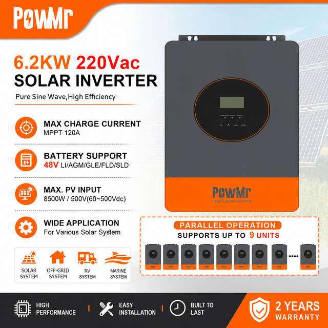 PowMr Solar-Wechselrichter 6,2 kW mit 48V Batterieunterstützung, Reine Sinuswelle, MPPT 120A, max. 8500W PV-Leistung, Dual-AC-Ausgang, Grau - Bild 1