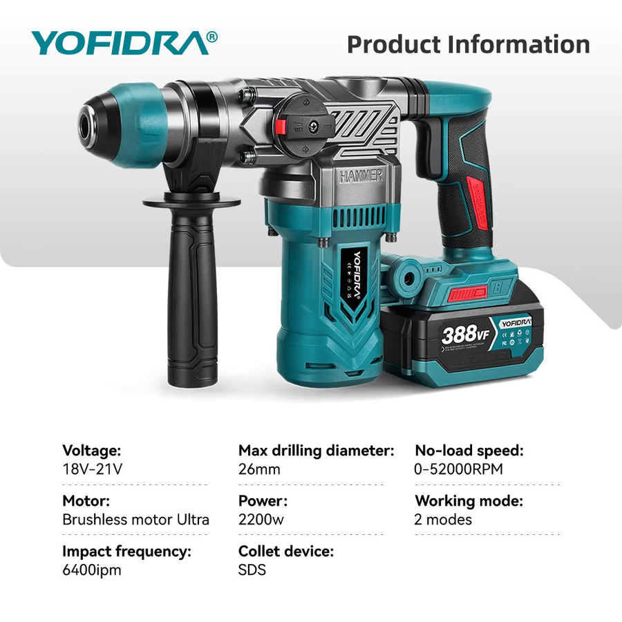 YOFIDRA Bürstenlose Elektrohammer Schlagbohrmaschine 2200W mit 26mm Bohreraufnahme als Multifunktions-Schraubendreher und Rotationswerkzeug kompatibel mit Makita LXT Akkus - Bild 2