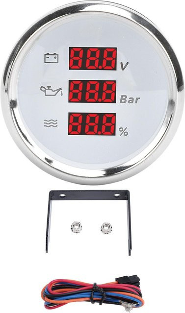 DIYelecs Digitales Spannungs-Öldruck-Wasserstandsmessgerät mit roter Hintergrundbeleuchtung, White Dial und Silver Bezel, 52mm, Wasserdicht - Bild 1