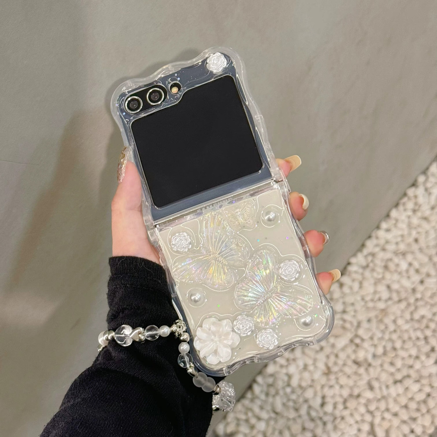 Stoßfeste Handyhülle mit Schmetterling-Design und Armband für Samsung Galaxy Z Flip 6 5 4 3 und Z Flip 7 in Pink/Transparent - Bild 2