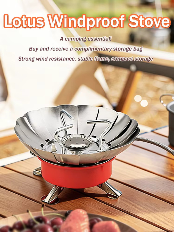 RESISTLAND Tragbarer Mini-Outdoor-Gaskocher mit Windschutz und Lotusbrenner in Rot - Bild 3