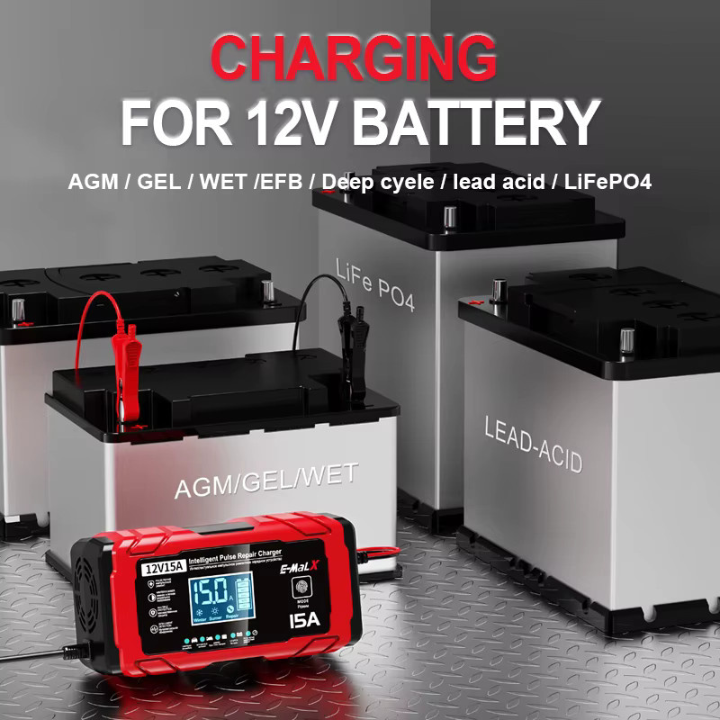 WAPUNO Intelligentes 12V 15A Autobatterie Ladegerät mit Puls-Reparaturfunktion für LiFePO4, Blei-Säure, AGM, GEL und Lithium-Batterien in Rot - Bild 4