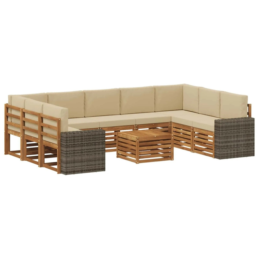 vidaXL Sofagarnitur aus Massivholz Akazie in U-Form, 10-teiliges Set in Natur und Beige mit wetterfesten Polstern - Bild 2