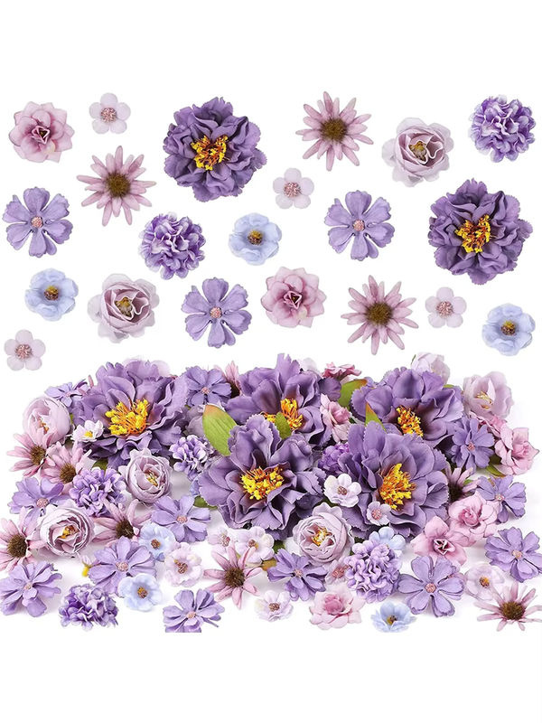 Mix aus 22 künstlichen Seidenblumen-Köpfen in Lila und Mehrfarbig für Hochzeitsdekoration, Braut-Haarschmuck und DIY-Geschenke - Bild 7