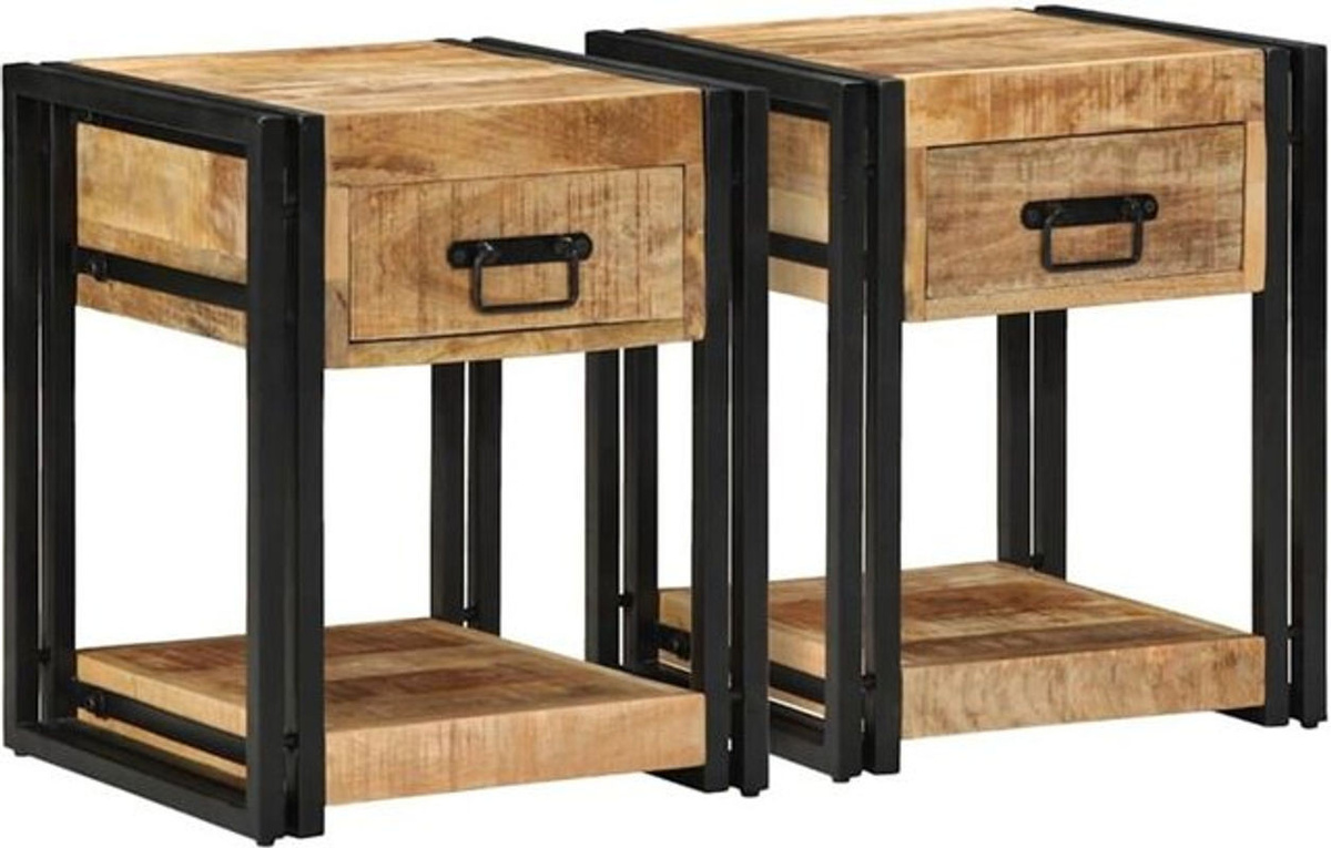 Vidaxl Set aus 2 Nachttischen aus Massivholz Mango und Metall im Industrial Design, Braun, B/T/H: 40 x 40 x 50 cm - Bild 1