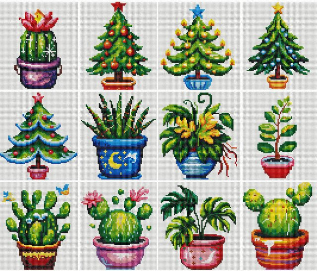 Huacan 12-teiliges Diamant-Malerei Set Kaktus Cartoon-Baum Motiv in Mehrfarbig mit runden Steinen für deine handgefertigte Heimdekoration - Bild 1