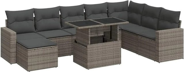vidaXL 9-tlg. Garten-Sofagarnitur in L-Form aus grauem Poly-Rattan mit Kissen und pulverbeschichtetem Stahlgestell - Bild 1