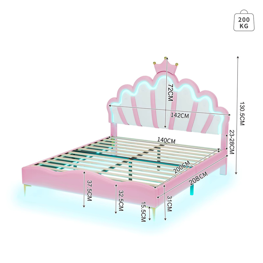 Superaly Polsterbett für Kinder in Pink mit kronenförmigem Polsterkopfteil, LED-Unterbettbeleuchtung und PU-Lederpolsterung, B/T: 140 x 200 cm - Bild 2