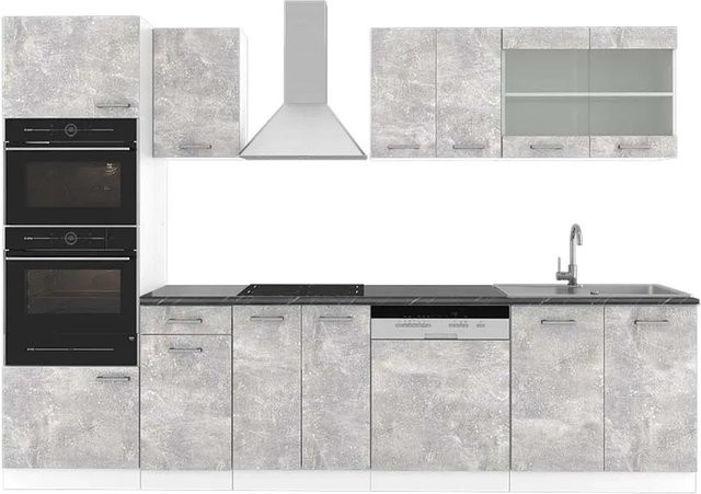 Vicco R-Line Küchenzeile in Beton-Optik und Weiß mit Hochschrank in Anthrazit, Breite: 300 cm - Bild 1