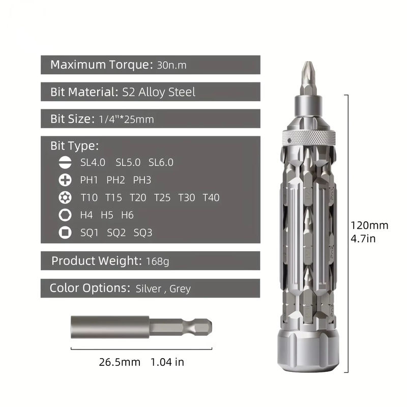 VMAN S1 EDC Multifunktions-Schraubendreher-Set in Grau und Silber mit magnetischem Torx-Phillips-Sechskantbohrer als tragbares Reparaturwerkzeug - Bild 6