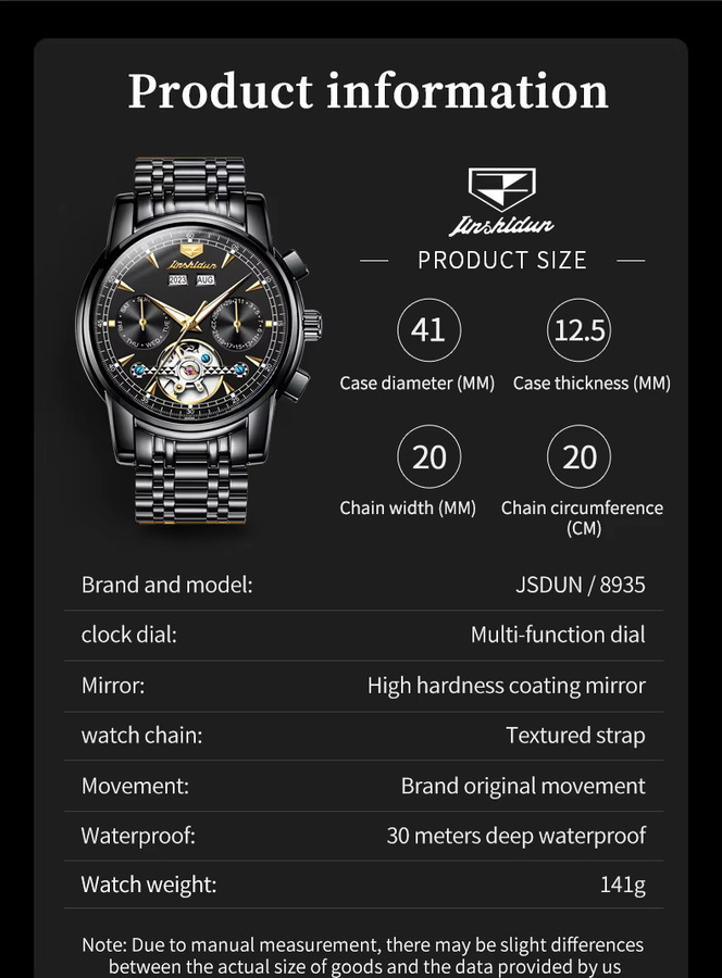 JSDUN Armbanduhr Automatik, Edelstahl, Schwarz, Herren - Bild 5