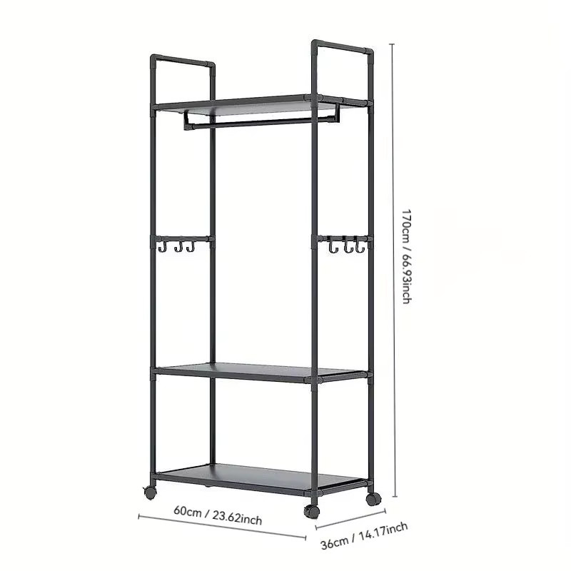 LIUSHADUOLA Kleideraufbewahrungsregal aus Metall in Schwarz Matt mit Rollen und Haken, moderner Kleiderständer mit Regalen, Höhe: 170 cm, Breite: 60 cm - Bild 2