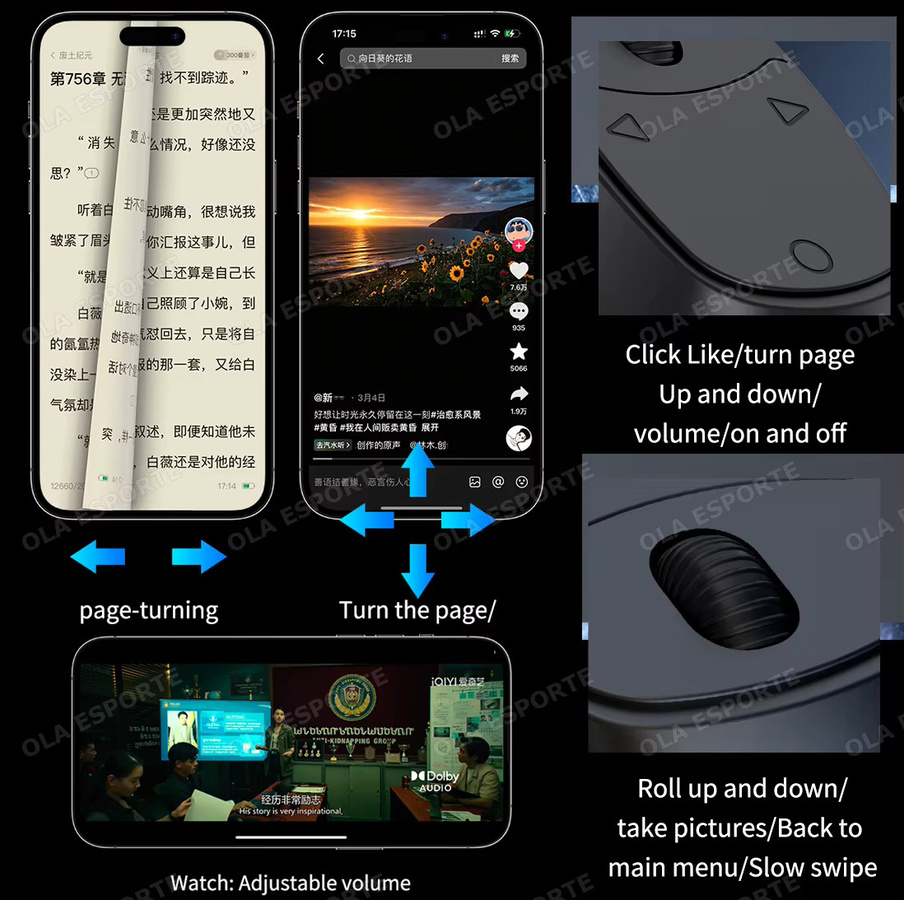 Ola Esporte Bluetooth Selfie-Fernbedienung und automatischer Seitenwender als Handy-Fingerring in Schwarz - Bild 3