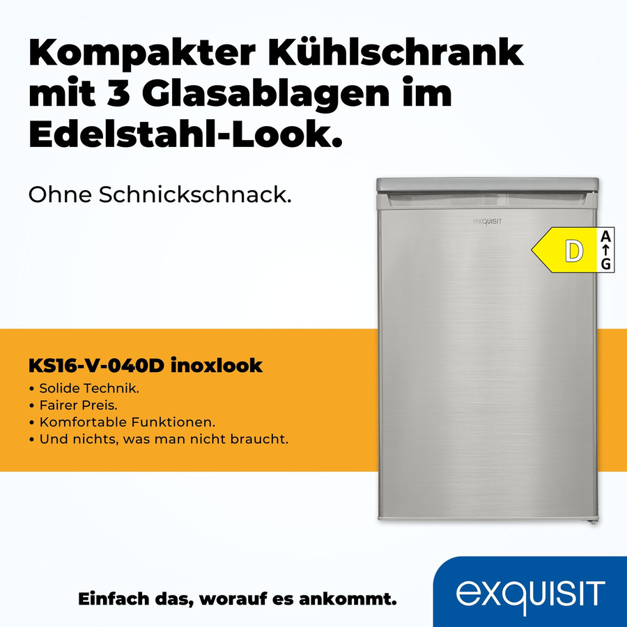 Exquisit KS16-V-040D Vollraumkühlschrank in Silver, Inoxlook, mit LED-Innenbeleuchtung und Flaschenregal, B/T/H: 55 x 58 x 126 cm - Bild 2