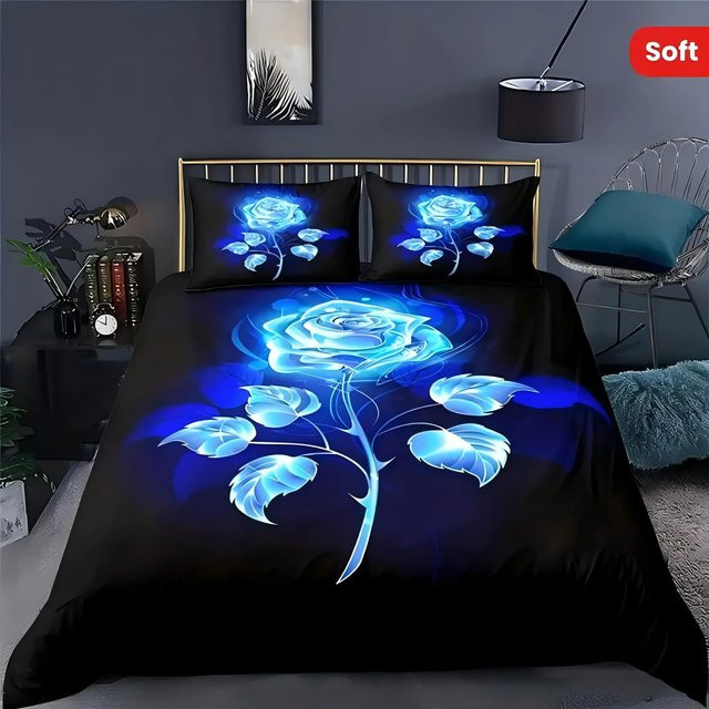Grosstor Bettwäsche-Set mit blauem 3D-Rosenmuster, Bettbezug und Kissenbezug mit Reißverschluss, B/H: 172 x 218 cm - Bild 1