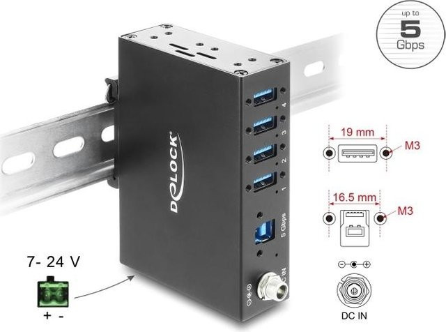 Delock Industrie-Hub mit 4x USB Type-A 5 Gbps, 8 kV ESD-Schutz und Hutschienenbefestigung, Schwarz - Bild 1