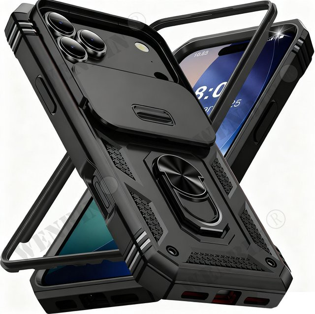 Robuste Schutzhülle für Apple iPhone mit 360-Grad-Ständer und Kameraabdeckung in Schwarz oder Weiß - Bild 1