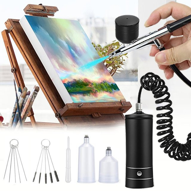 Kabellose Airbrush-Spritzpistole mit Kompressor in Schwarz für Modellbau und Kunsthandwerk - Bild 1