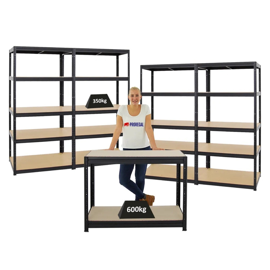 PROREGAL Set aus 4x Schwerlastregal Slim Elephant und 1x höhenverstellbarer Werkbank Slim Dino in Schwarz, H: 180 cm, B: 90 cm, T: 60 cm sowie H: 90 cm, B: 120 cm, T: 60 cm - Bild 2