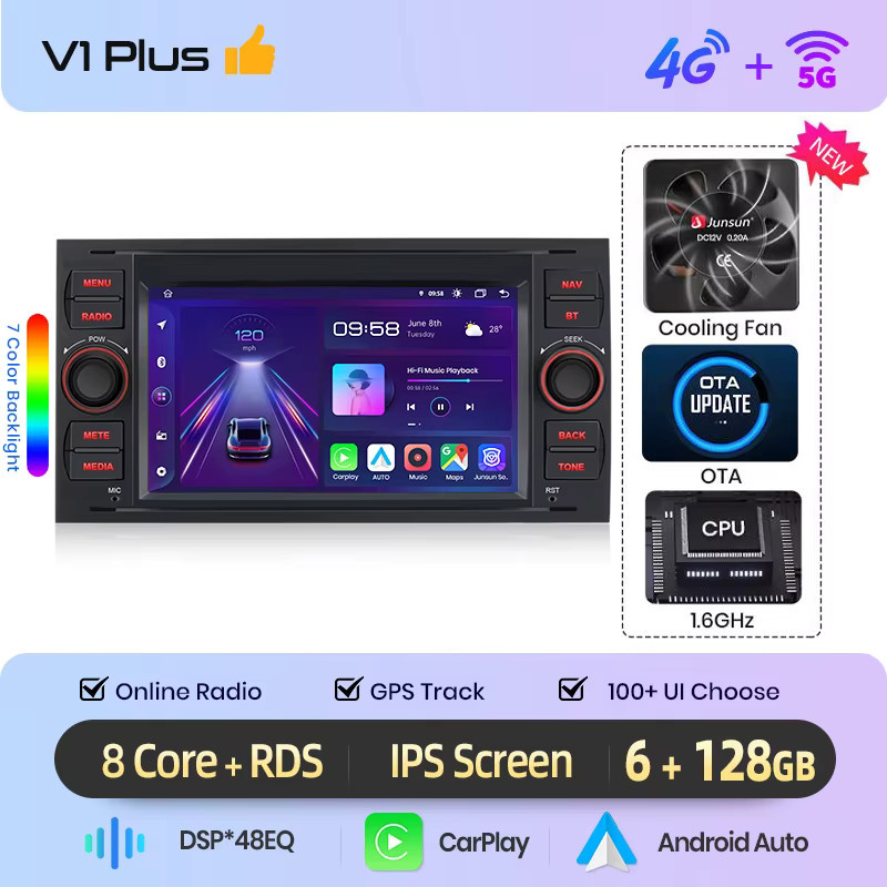 Junsun 7-Zoll Kabelloses CarPlay und Android Auto Autoradio für Ford Focus Mondeo Fiesta Transit Kuga C-Max S-Max Galaxy in Schwarz mit IPS Touchscreen - Bild 5