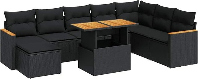 vidaXL 9-teilige Garten-Sofagarnitur aus Poly-Rattan und Akazienholz in Schwarz mit Kissen - Bild 1