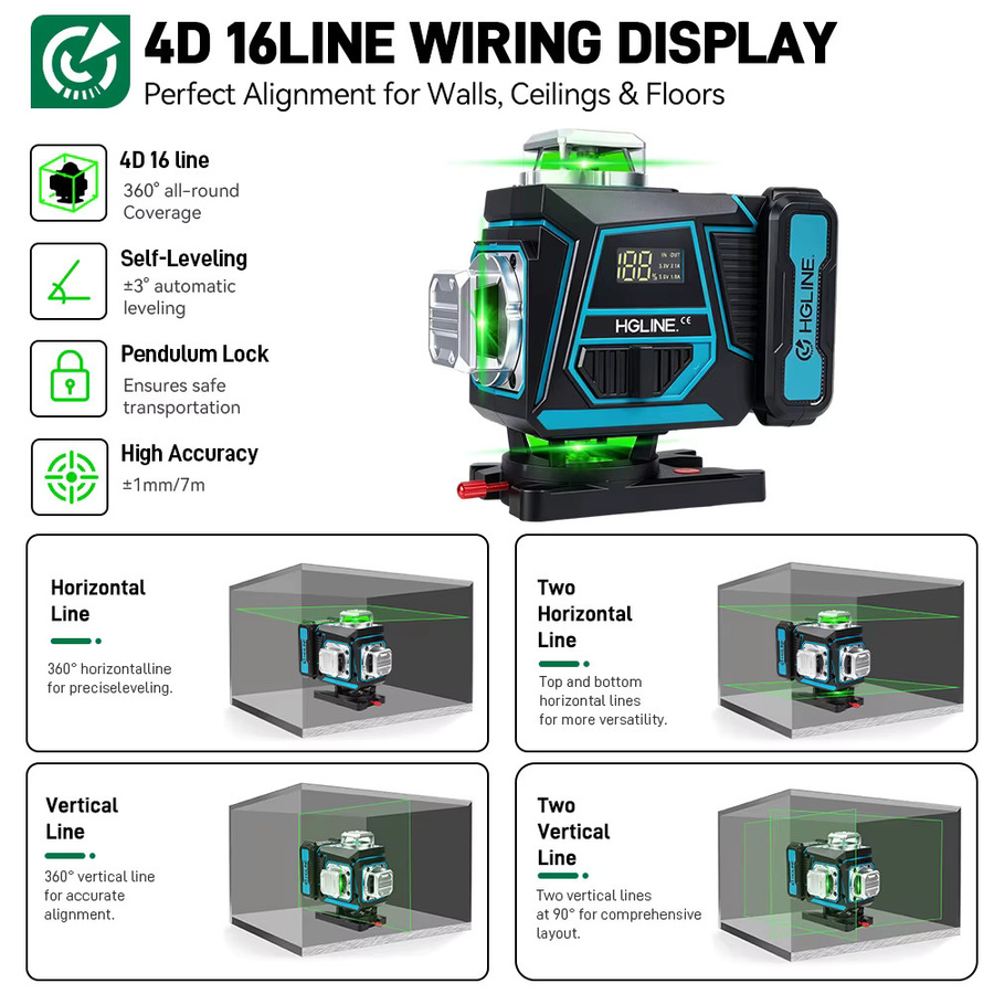 HGLINE 16-Linien-Lasernivelliergerät mit Stativ, Selbstnivellierend, 360 Grad Horizontal und Vertikal, Grüner Laser - Bild 2