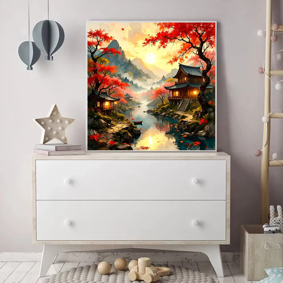 Momoart Diamantmalerei Haus-Landschaft mit Bergen und Bäumen als DIY Wandkunst in Multicolour, Acryl, Rund, B/T/H: 20 x 20 x 20 cm - Bild 3