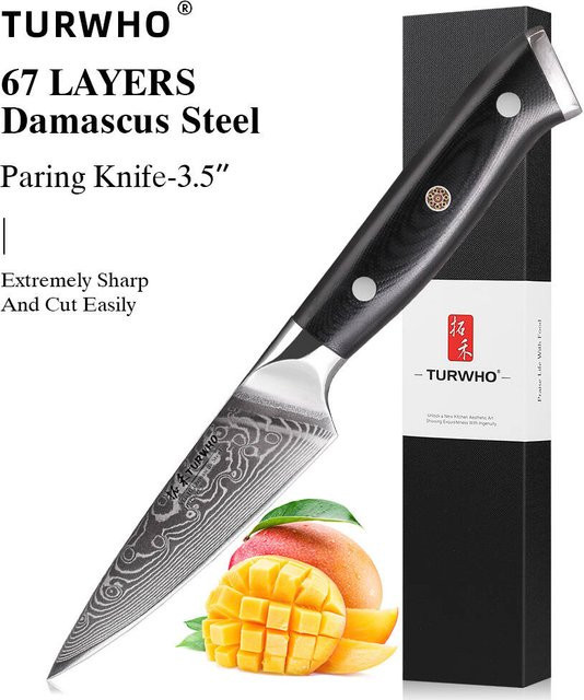 TURWHO Schälmesser aus 67-lagigem Damaststahl in Silber, 3,5 Zoll Kochmesser für Obst und Gemüse - Bild 1