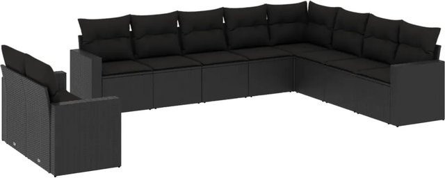 vidaXL 10-tlg. Garten-Sofagarnitur in L-Form aus Polyrattan mit Kissen, Schwarz - Bild 1
