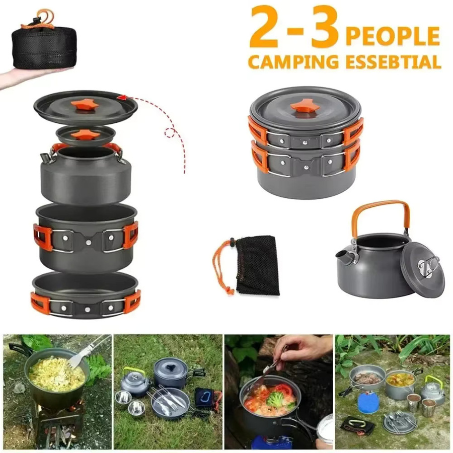 Tragbares Camping-Kochgeschirr-Set aus Aluminium in Grün mit Antihaftbeschichtung, bestehend aus Topf, Pfanne und Schüssel für Outdoor-Aktivitäten - Bild 4