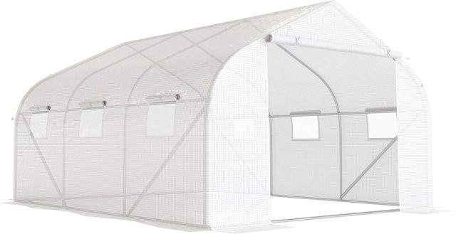 Furnicato Tunnelgewächshaus mit Metallrahmen, 6 aufrollbaren Fenstern und Tür mit Reißverschluss, weiß und transparent, B/T/H: 445 x 300 x 205 cm - Bild 1
