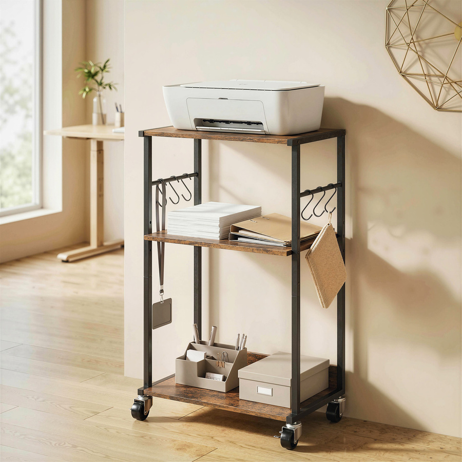 HOMCOM 3-stufiger Druckerwagen aus Metall und Holz in Rustikalem Braun mit Bremsrollen und 6 Haken, B/T/H: 43 x 30 x 82 cm - Bild 2