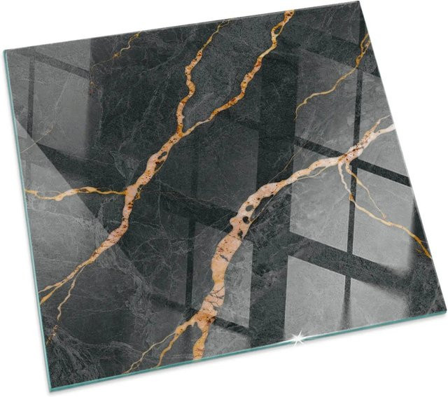 Tulup Glasplatte für Kamin und Öfen in Schwarz mit Marmor-Optik, B/B: 60 x 60 cm - Bild 1