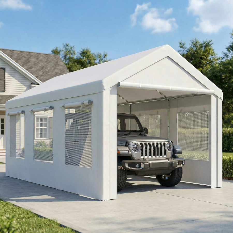 Outsunny Carport Unterstand mit verzinktem Stahlrahmen, 2 Rolltüren und 6 Netzfenstern, Weiß, B: 6 m, T: 3 m - Bild 2