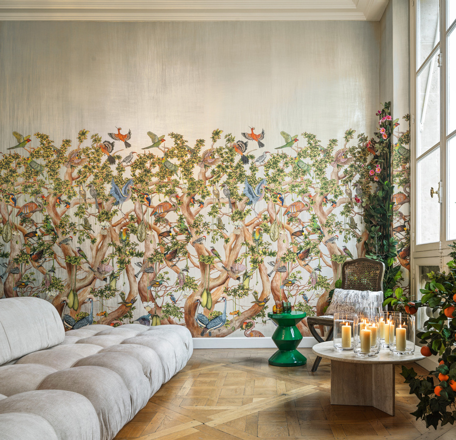 Cole & Son Tapete Tree of Life Platinum in Silber, Grün und Multicolour mit floralem Naturmotiv im Art Nouveau Stil - Bild 1