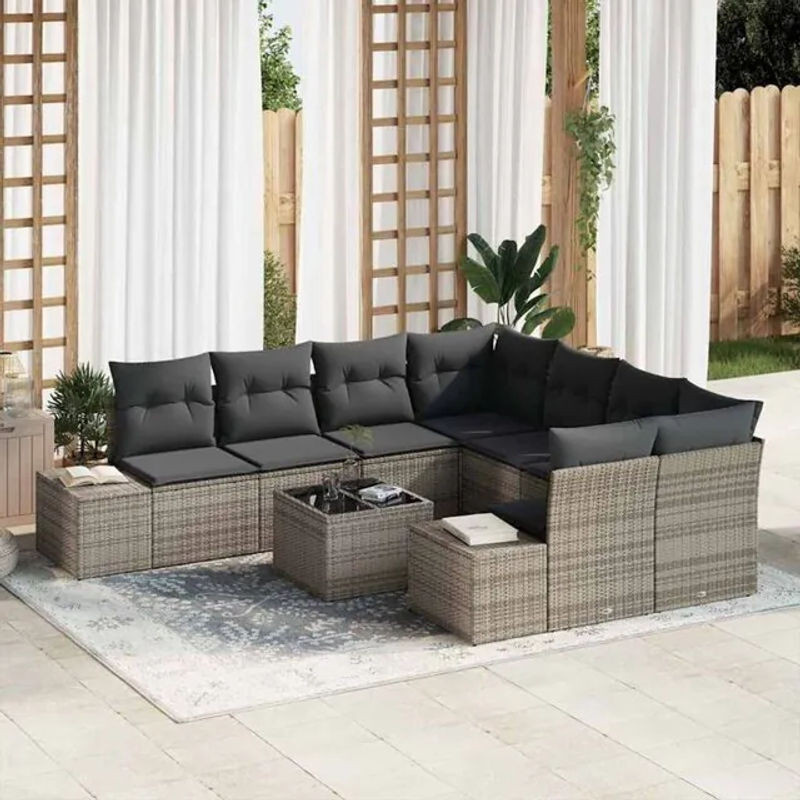 Vidaxl Garten-Sofa-Set aus Polyrattan mit Kissen in Grau, 9-teiliges Loungemöbel-Set, B/T/H: 55 x 55 x 37 cm - Bild 1