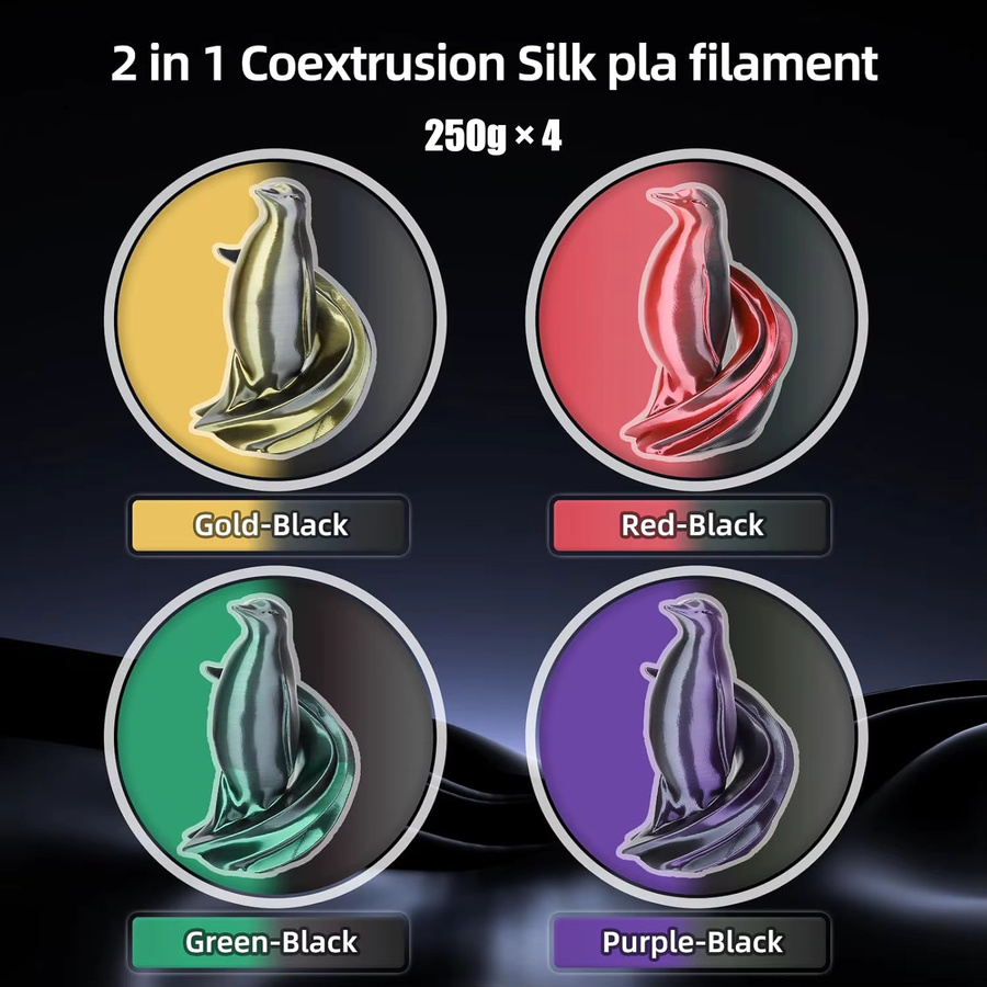 DINGSUN Seiden-PLA-Filament 1,75 mm zweifarbig Multicolor Schwarz Grün, 4 x 250 g - Bild 2