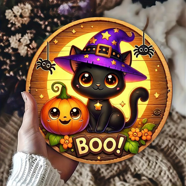 Potdemiel Halloween-Schild mit schwarzer Katze, rundes Aluminium-Dekor für Wand und Tür, Durchmesser: 20 cm - Bild 1