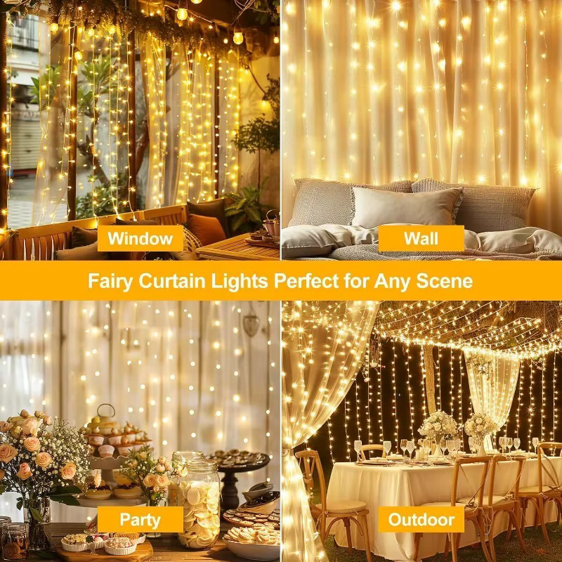OKAL RED EAST Fenstervorhang-Lichterkette mit USB-Anschluss, 8 Modi und Fernbedienung, Feenlampe in Weiß zur Dekoration für Hochzeiten, Weihnachten und Partys - Bild 2