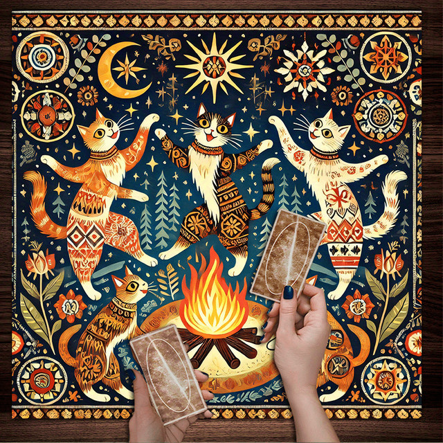 VIKAMA Quadratisches Altartuch im Fantasy-Bohemien-Stil mit Magischem Tanz, Katze und Sternmuster, Multicolour, B/B: 75 x 75 cm - Bild 1